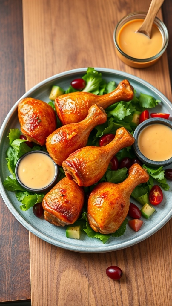 Krokante airfryer kippen drumsticks op een bord met salade en dipsaus.